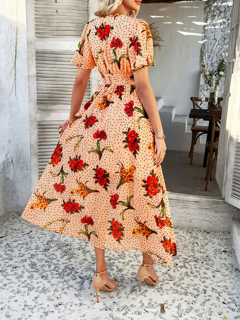 1940s Deep V-Neck Chiffon Polka Dots Floral Dress