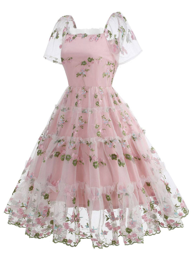 1950s Embroidered Flowers Mesh Puff Sleeve Dress