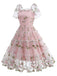 1950s Embroidered Flowers Mesh Puff Sleeve Dress