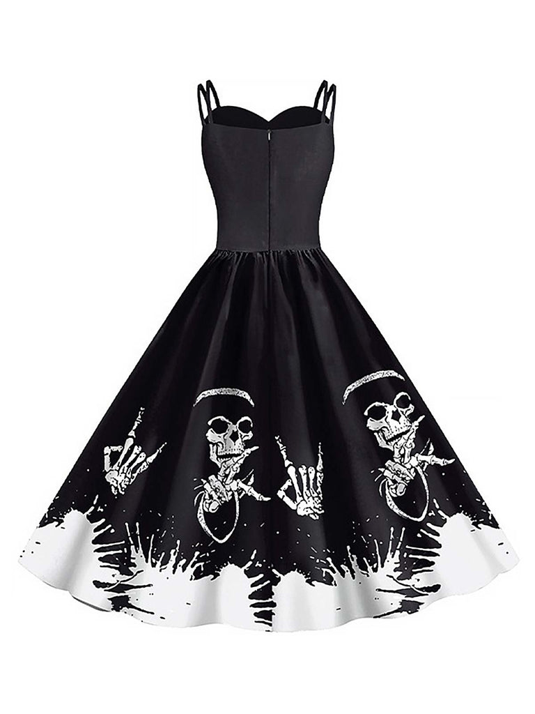 Black 1950s Halloween Skull Strap Dress