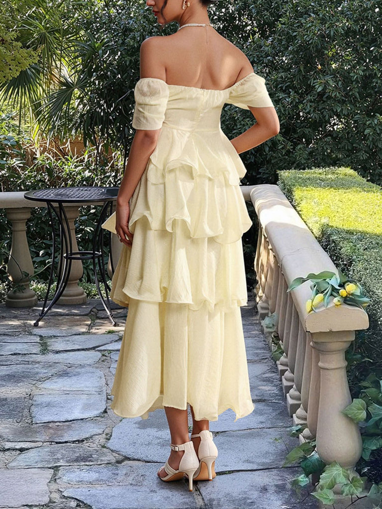 1940s Solid Puff Sleeve Ruffle Trim Tiered Dress