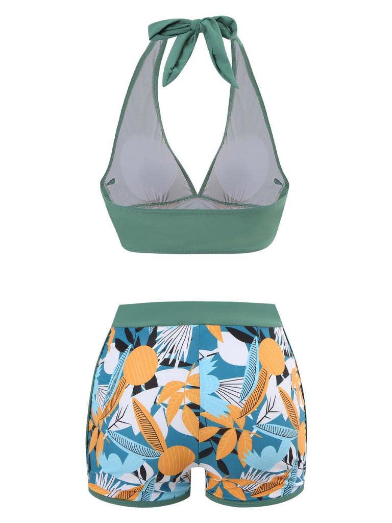 1970s V-Neck Tropical Plants Halter Swimsuit