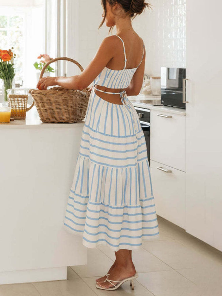 Blue 1940s Beach Striped Back Lace-Up Dress