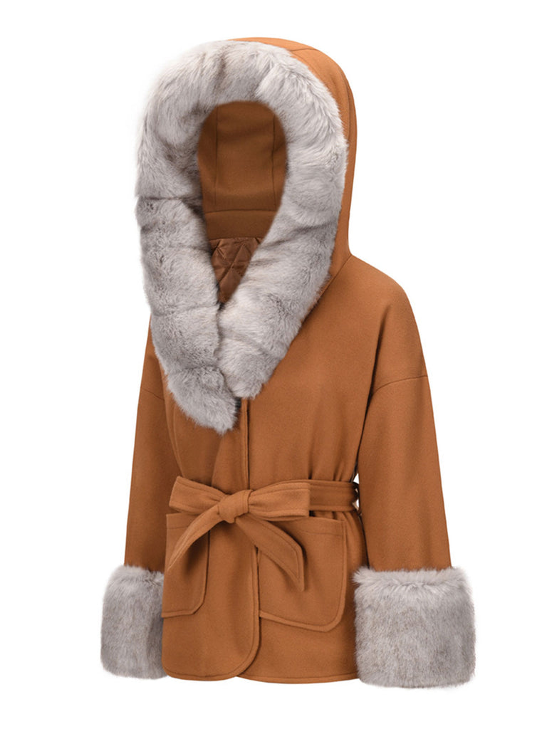 1960s Furry Solid Hooded Thickened Cotton Coat