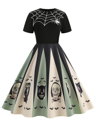1950s Halloween Spider Web Print Patchwork Dress