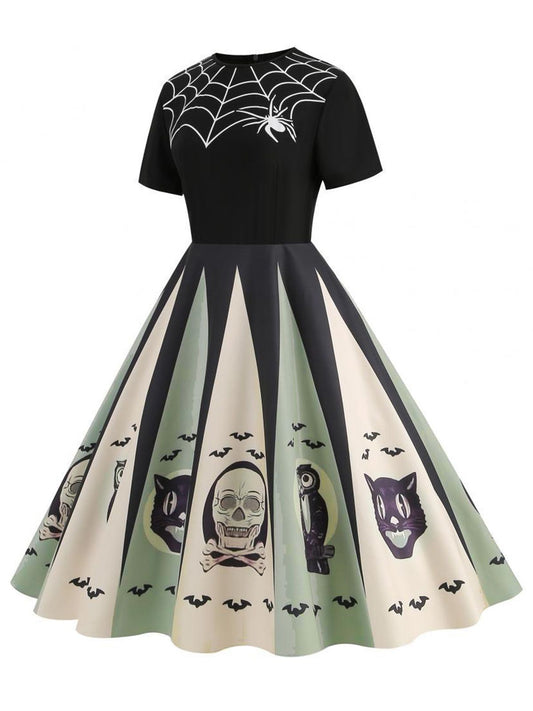 1950s Halloween Spider Web Print Patchwork Dress