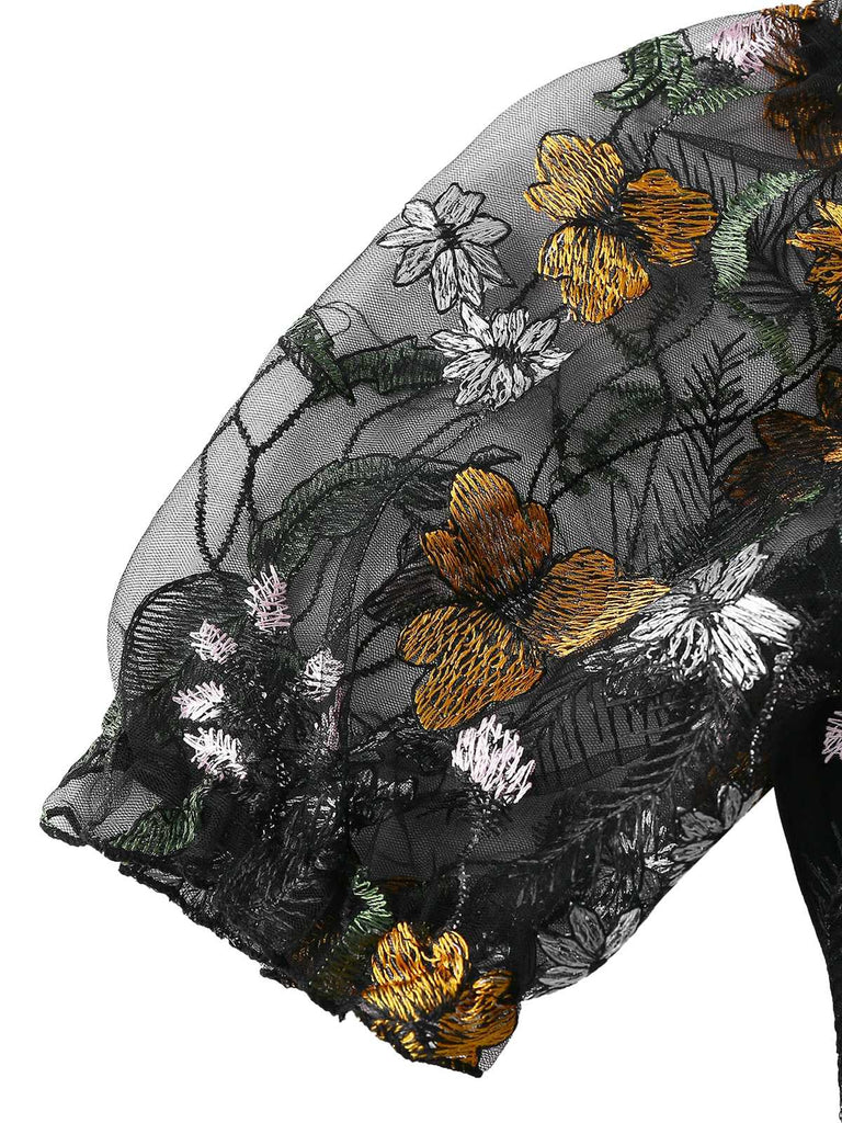 1960s Floral Embroidered Mesh Puff-Sleeve Crop Top