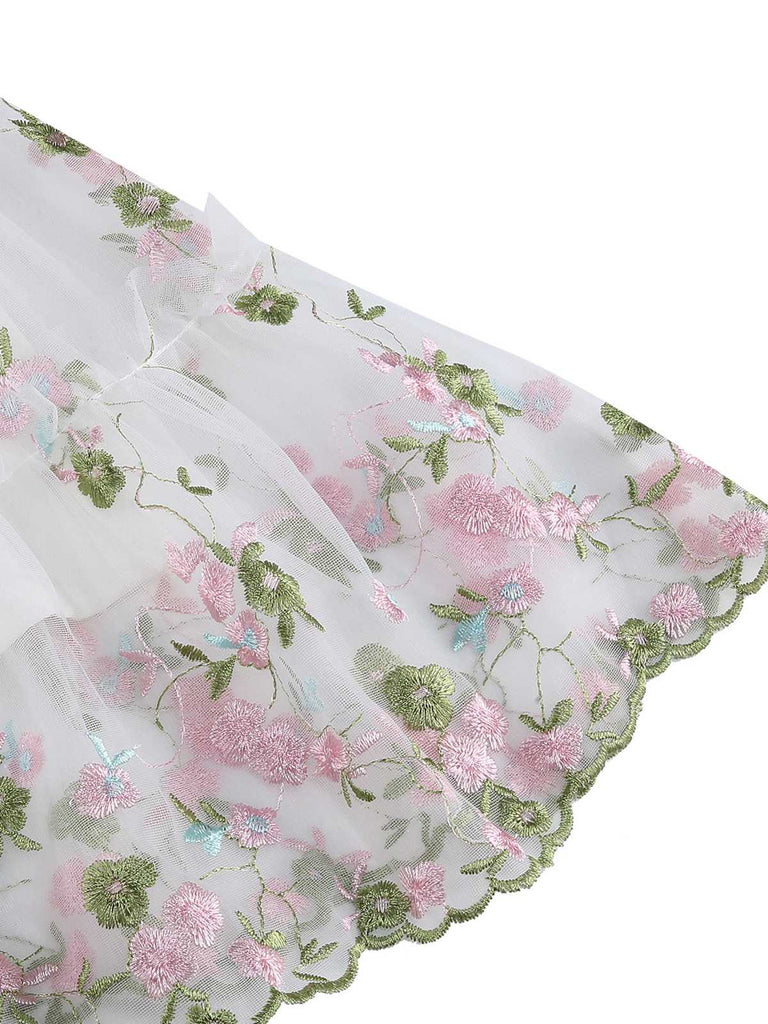 1950s Embroidered Flowers Mesh Puff Sleeve Dress