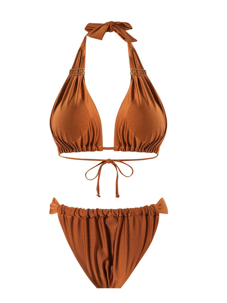Brown 1970s Halter Ruched Solid Bikini
