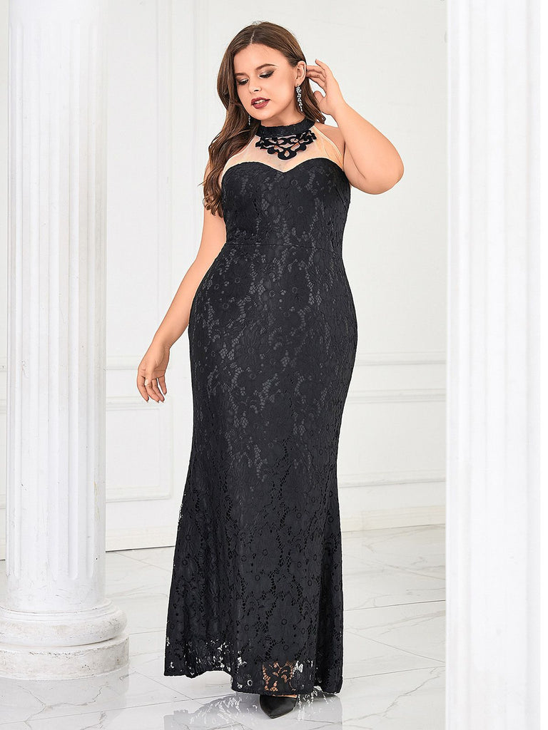 [Plus Size] Black 1930s Lace Patchwork Fishtail Evening Dress