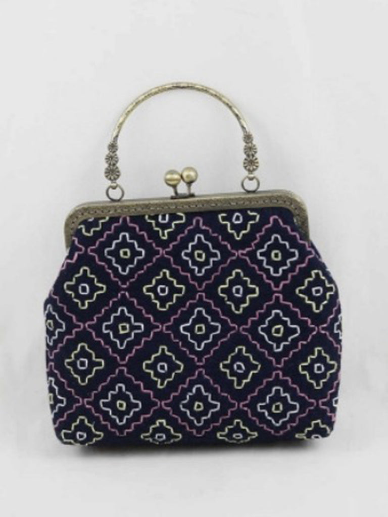 Indigo-Dyed Embroidered Grilled Wheel Clutch Bag