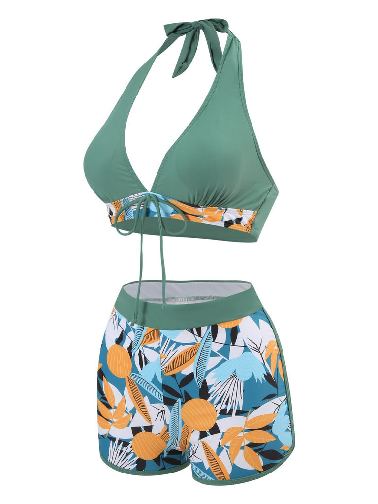 1970s V-Neck Tropical Plants Halter Swimsuit