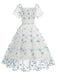 1950s Embroidered Flowers Mesh Puff Sleeve Dress