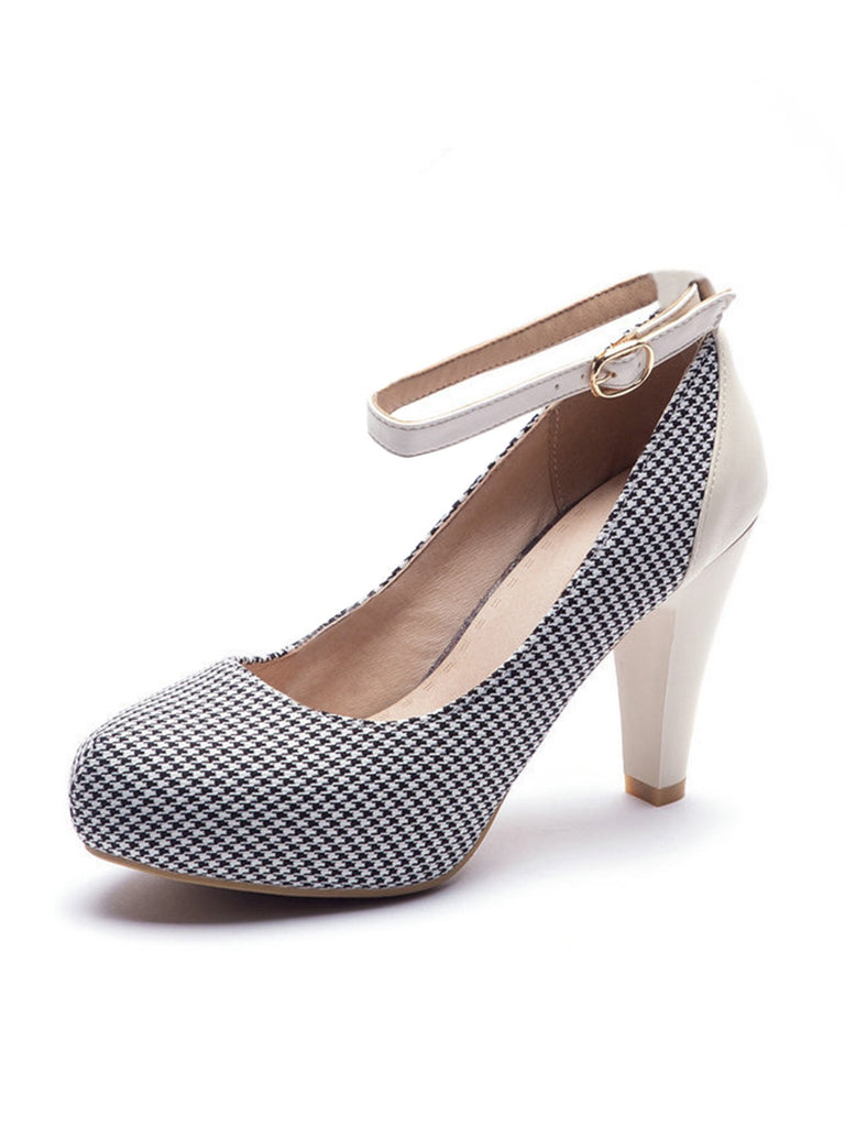 Vintage Houndstooth Colorblock Ankle Strap Cone Heels