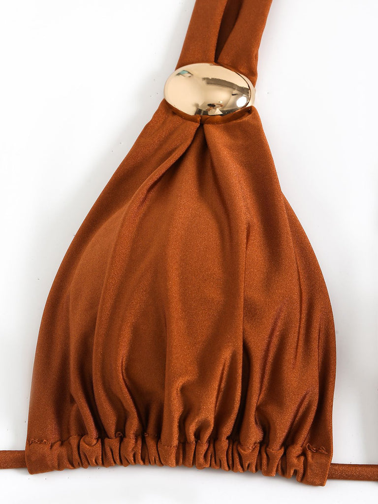 Brown 1970s Halter Ruched Solid Bikini