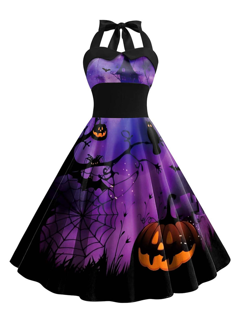 Bright Purple 1950s Halloween Spider Web Halter Dress