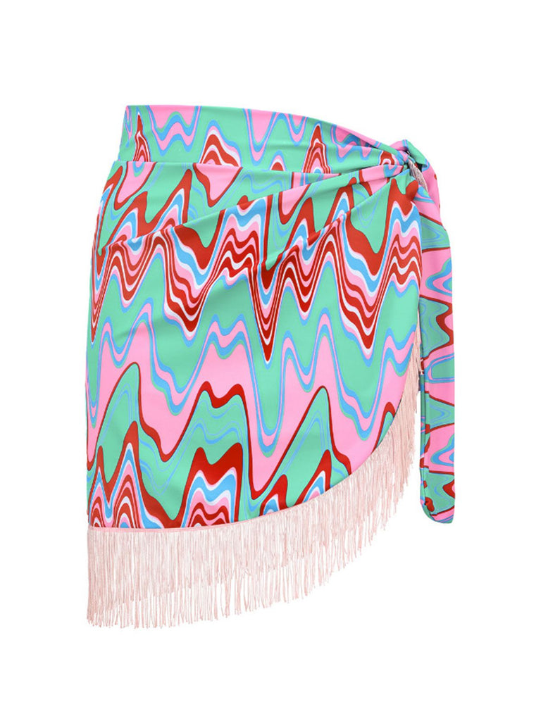 3PCS 1970s Fringe Print Lace-up Halter Bikini Set & Cover Up
