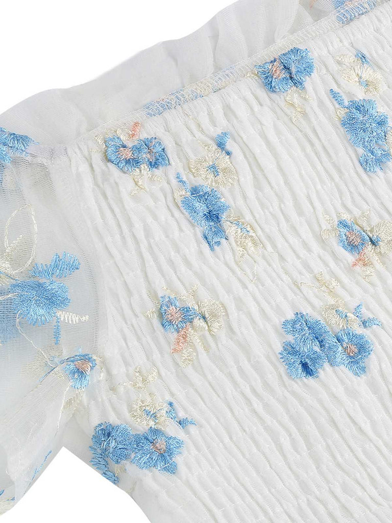 1950s Embroidered Flowers Mesh Puff Sleeve Dress