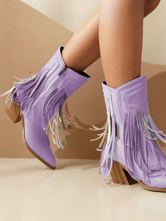 Vintage Tassel Mid Heel Flannelette Boots
