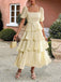 1940s Solid Puff Sleeve Ruffle Trim Tiered Dress