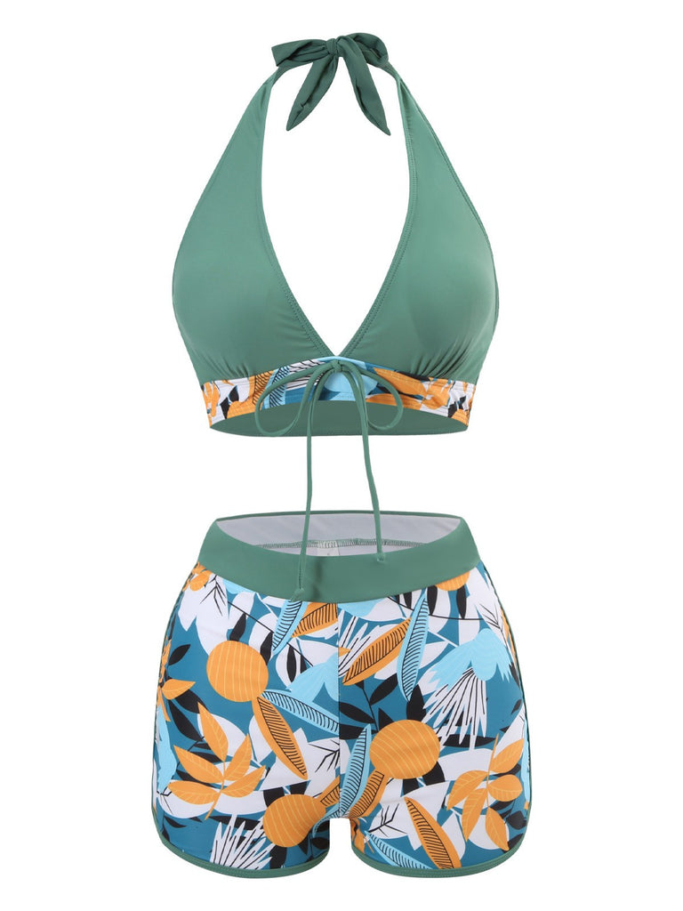 1970s V-Neck Tropical Plants Halter Swimsuit