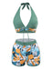 1970s V-Neck Tropical Plants Halter Swimsuit