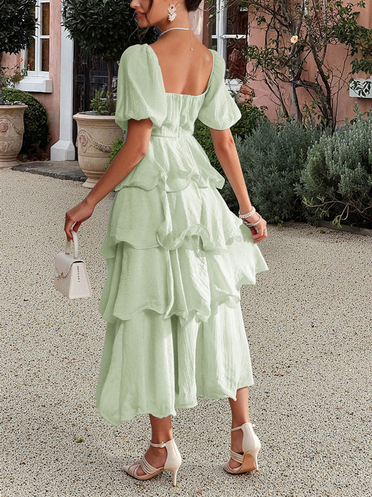 1940s Solid Puff Sleeve Ruffle Trim Tiered Dress