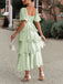 1940s Solid Puff Sleeve Ruffle Trim Tiered Dress