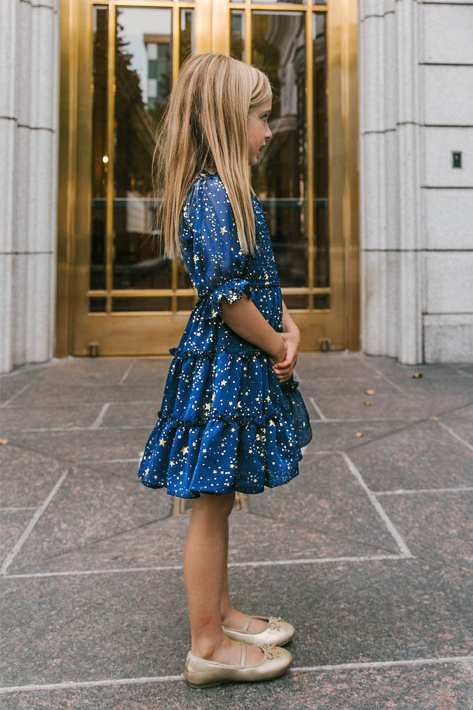 Blue 1950s Christmas Starry Sky Cake Lantern Parent-Child Dress