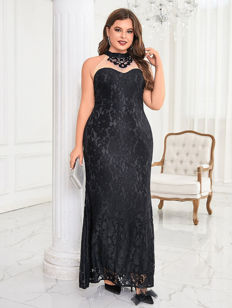 [Plus Size] Black 1930s Lace Patchwork Fishtail Evening Dress