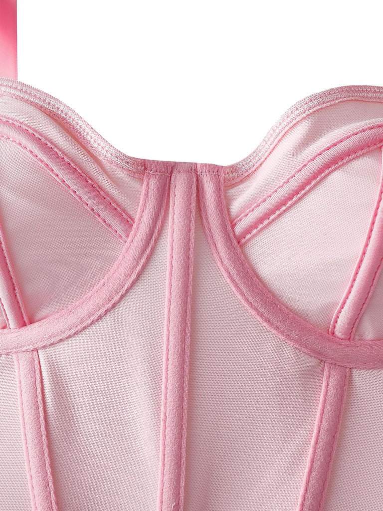 1940s Lace-Up Bow Mesh Corset Crop Camisole
