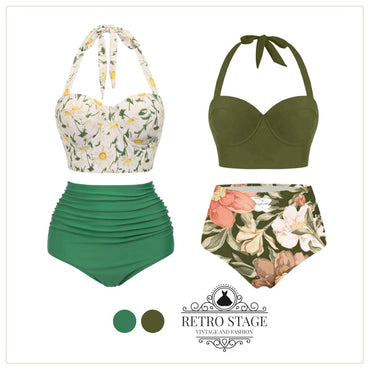 Olive 1950s Lace-Up Halter Flowers Bikini Set - vintage fashion, retro style