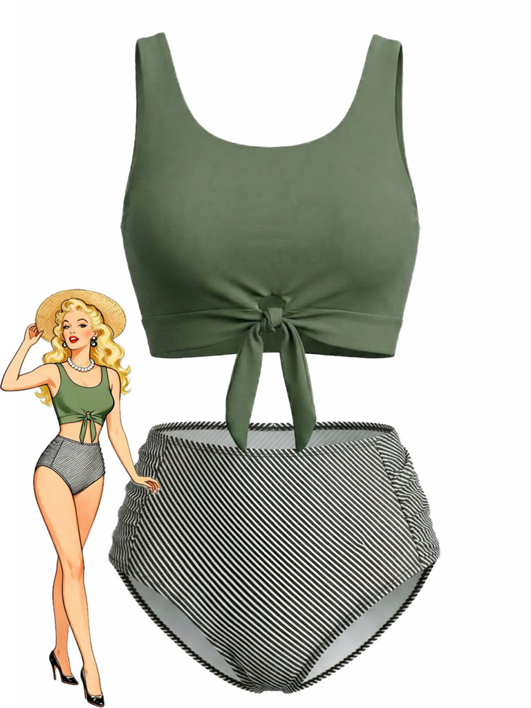 Olive Green 1940s Tie Front High-Waist Tankini Set - vintage fashion, retro style, classic elegance for vintage lovers