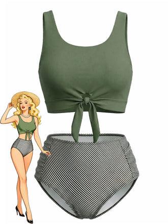 Olive Green 1940s Tie Front High-Waist Tankini Set - vintage fashion, retro style, classic elegance for vintage lovers