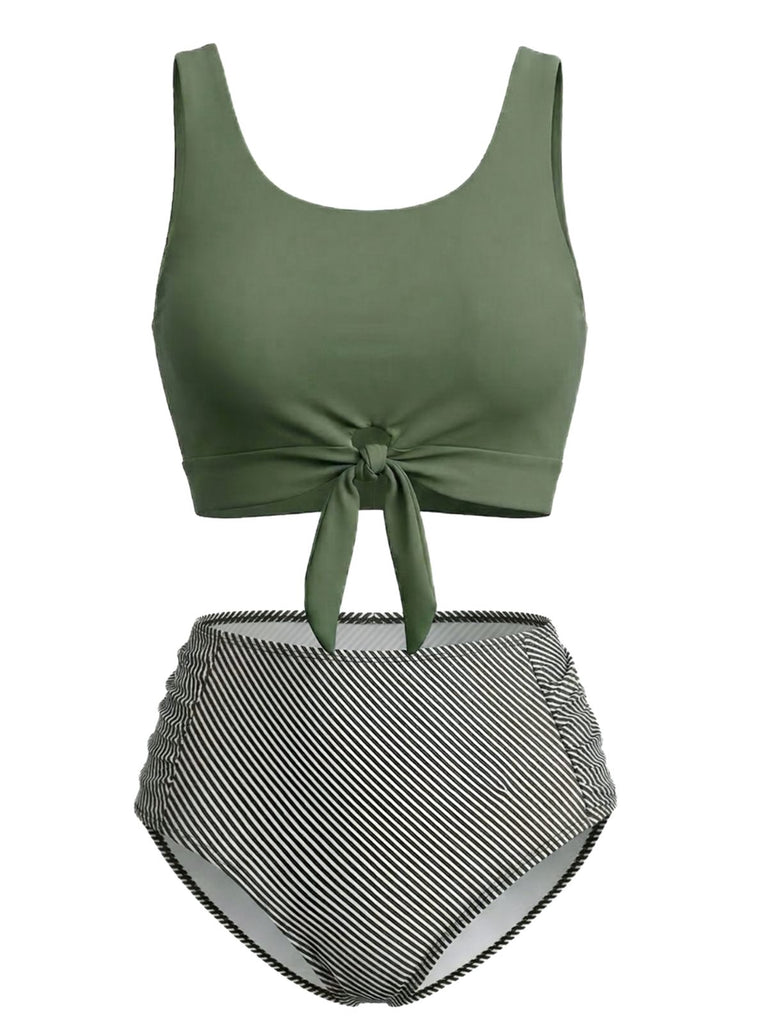 Olive Green 1940s Tie Front High-Waist Tankini Set: beautiful vintage fashion, retro style, classic elegance with timeless appeal