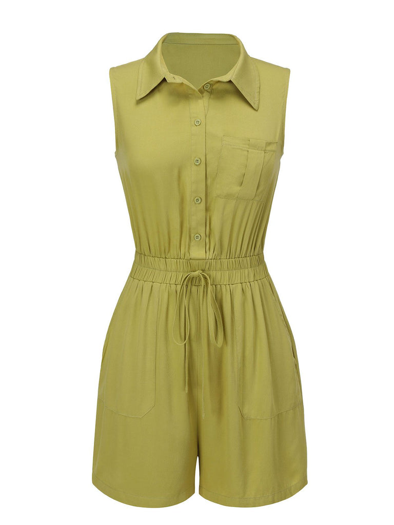 Olive Green 1950s Solid Lapel Belt Romper, vintage romper, retro jumpsuit - perfect for women who love vintage and retro fashion