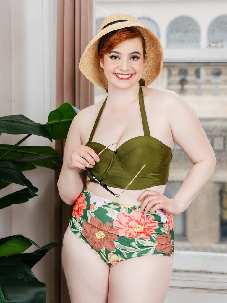 Olive Lace-Up Halter Flowers Bikini Set: timeless style reimagined