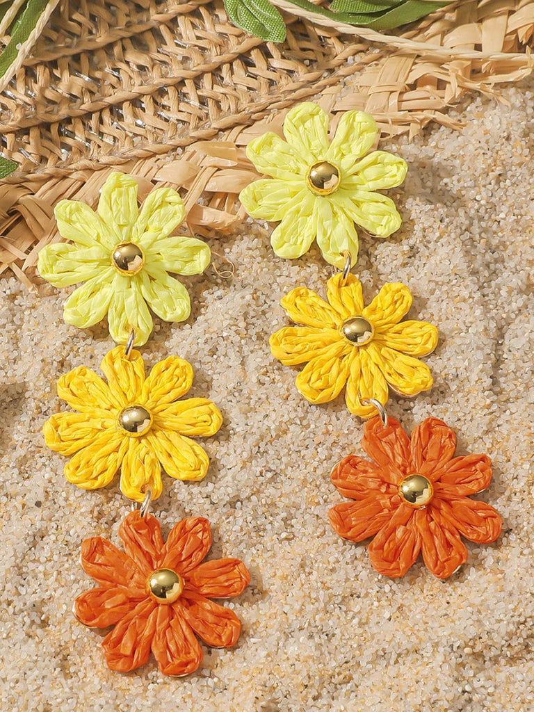Ombre Raffia Woven Daisy Triple Drop Earrings - vintage jewelry, Art Deco for vintage lovers