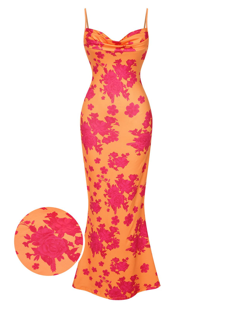 Orange 1930s Floral Cowl Neck Fishtail Dress, vintage dress, retro fashion, floral print - perfect for women who love vintage and retro fashion