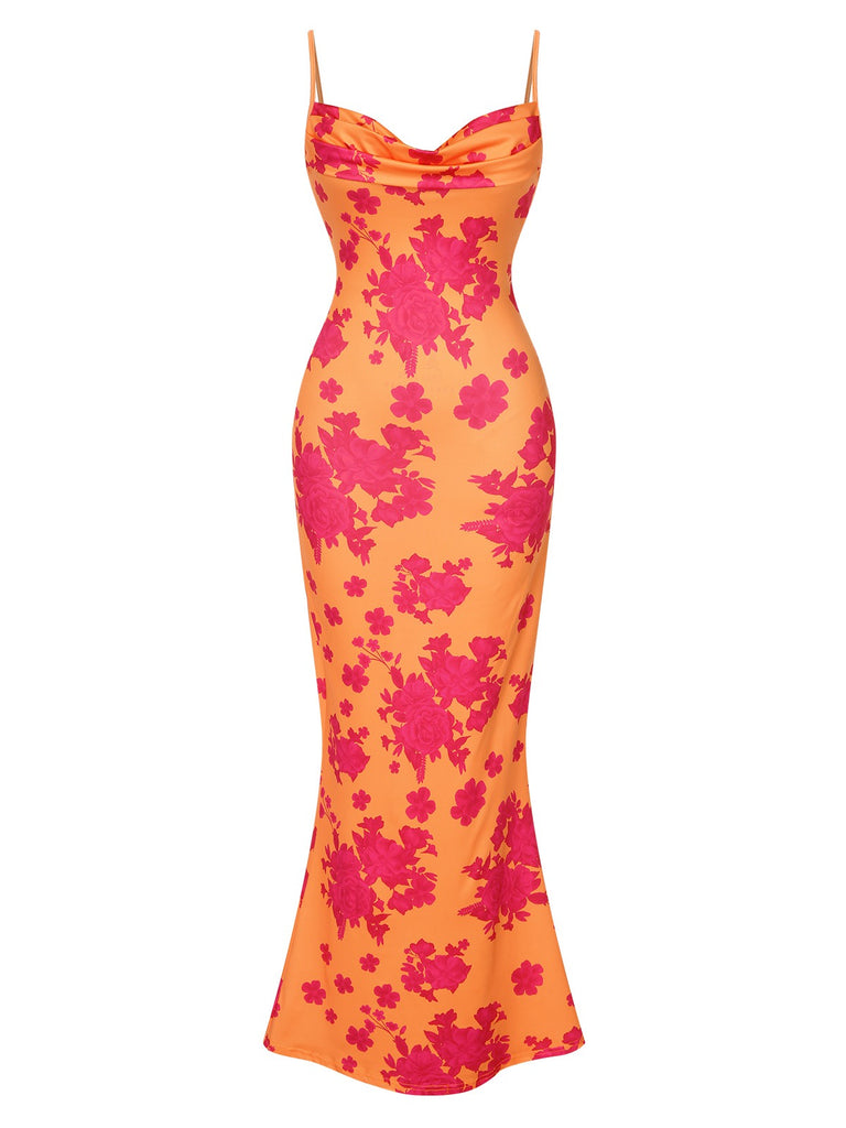 Orange 1930s Floral Cowl Neck Fishtail Dress, vintage dress, retro fashion, floral print - perfect for women who love vintage and retro fashion