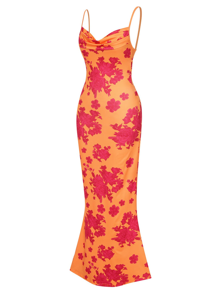 Orange 1930s Floral Cowl Neck Fishtail Dress, vintage dress, retro fashion, floral print - perfect for women who love vintage and retro fashion