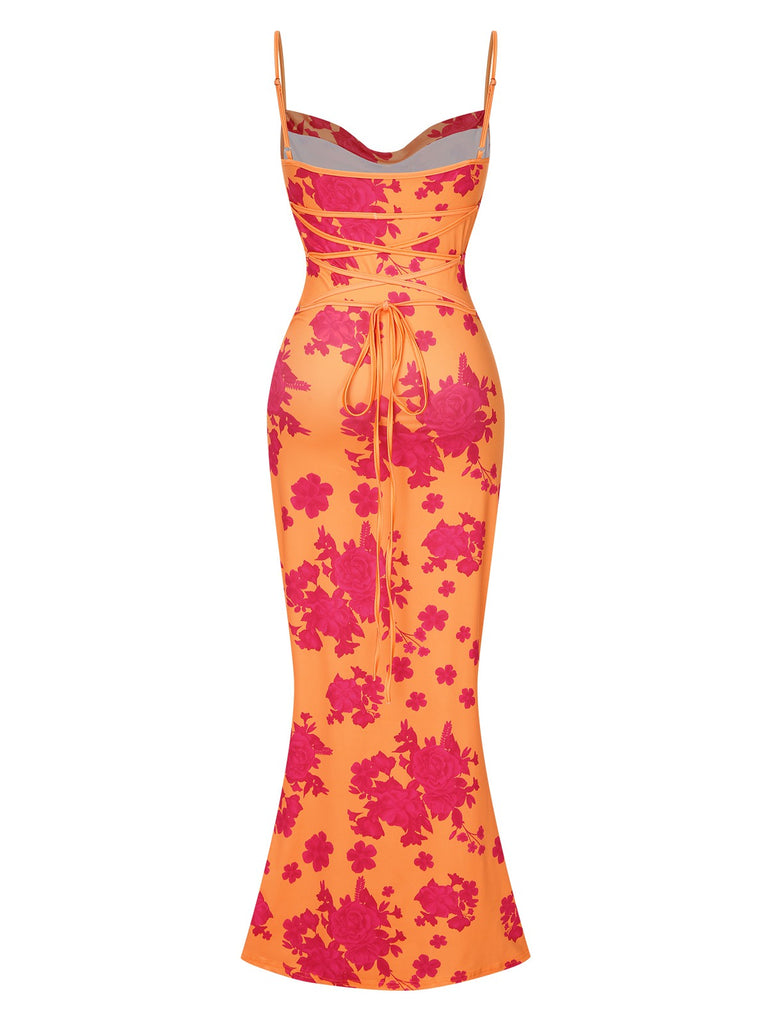 Orange 1930s Floral Cowl Neck Fishtail Dress, vintage dress, retro fashion, floral print - perfect for women who love vintage and retro fashion