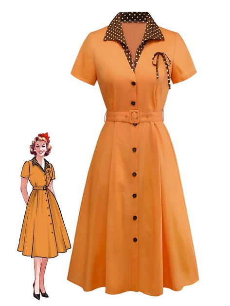 Retro Stage Polka Dot Lapel Bow Swing Dress Orange