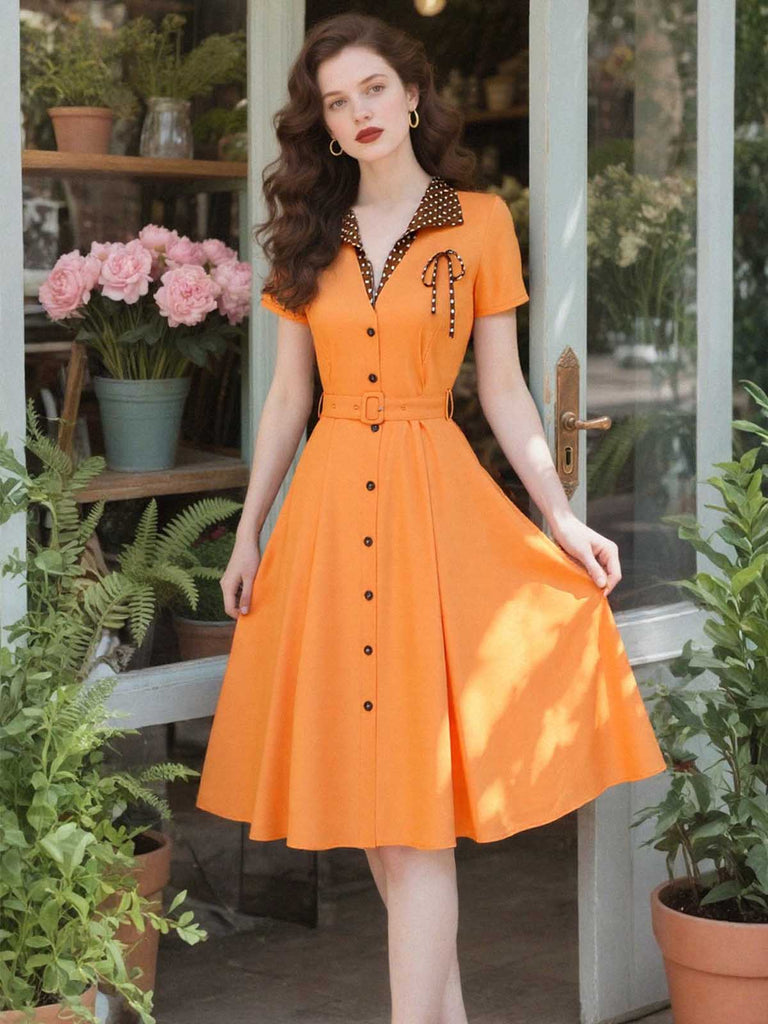 Retro Stage Polka Dot Lapel Bow Swing Dress Orange