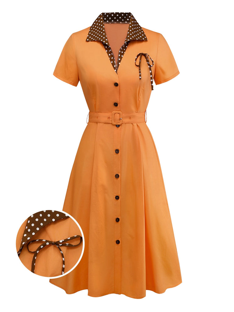 Retro Stage Polka Dot Lapel Bow Swing Dress Orange