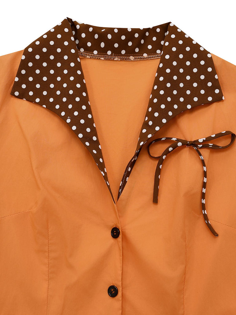 Retro Stage Polka Dot Lapel Bow Swing Dress Orange