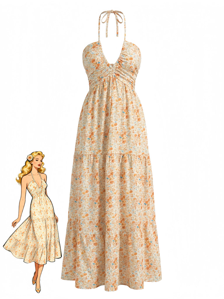 Orange 1940s Floral Halter Vacation Dress Orange 1940s Floral Halter Vacation Dress