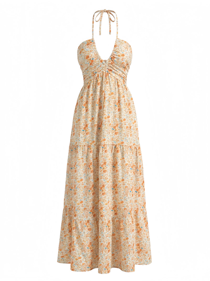 Orange 1940s Floral Halter Vacation Dress
