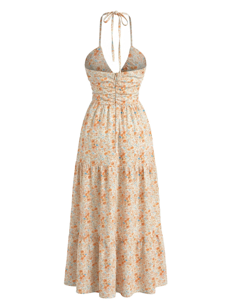 Orange 1940s Floral Halter Vacation Dress