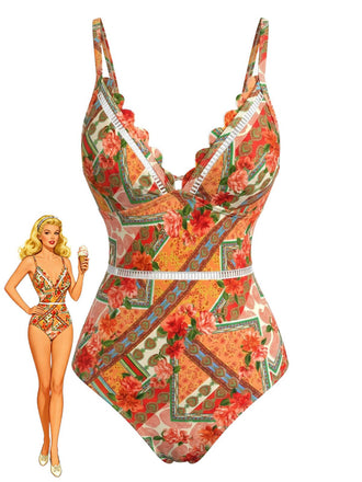 Orange-1940s-Floral-Hollow-Patchwork-Swimsuit, vintage, retro, swimwear